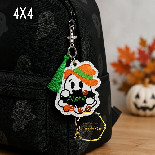 Ghost w Bat Monogram Bag Tag Embroidery Design - 4x4